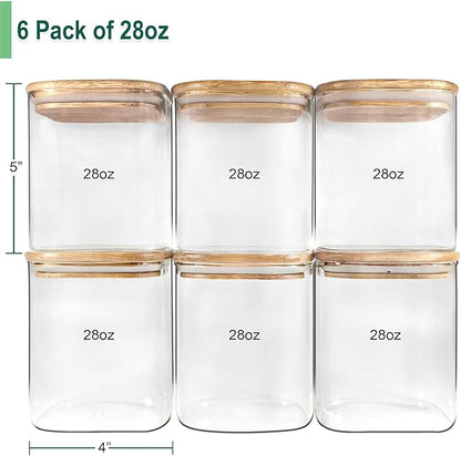 Urban Green Glass Jars with Bamboo Lids, Square Glass Jar with airtight lids, 6 pack of 28oz, Food Storage Containers with bamboo lids, Panty Jars