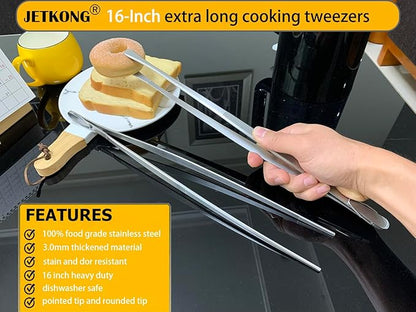 JETKONG 16-Inch Fine Tweezer Tongs Extra-Long Cooking Tweezer Stainless Steel Kitchen Tweezers (Round-Tips)