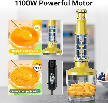 Immersion Blender Handheld Corded Hand Blenders Set 1100W, Trigger Variable Speed 5 in 1 Stick Emulsifier with Chopper, Whisk and Frother for Soup, Baby Food and Smoothies, Yellow