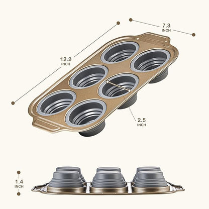 2-Pack Silicone Foldable Muffin Pans With Metal Reinforced Frame Silicone Cupcake Molds Nonstick 6 Cups For Baking, Homemade Muffins, Cupcakes, Egg Bites, Brownies, Puddings