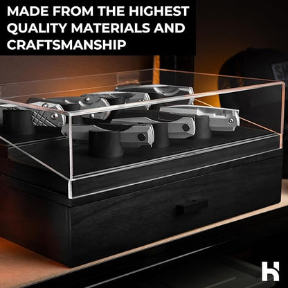 Premium Pocket Knife Display Case for 30 Knives - Large Wooden Knife Organizer, Storage & Holder with Unique Pillars, Hinged Cover, Drawer - Knife Collection Box - Handcrafted for Men