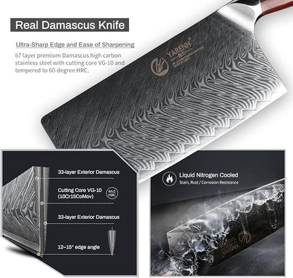 YARENH Chinese Cleaver Knife 7 Inch - Damascus Chef Knife for Kitchen, 67 Layers High Carbon Stainless Steel, African Sandalwood Handle, Sharp, Durable, Rust Resistant, Gift Box