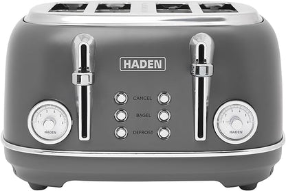 Haden Chelsea 4 Slice Wide Slot Toaster with Adjustable Browning Control, Grey & Chrome