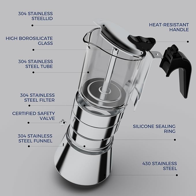 Stovetop Espresso Maker, Crystal Glass-top & Stainless Steel Espresso Moka Pot,Classic Italian coffee maker（360ml）