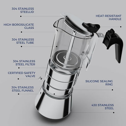 Moka Induction Stovetop Espresso Maker,Crystal Glass-top & Stainless Steel Espresso Moka Pot,Classic Italian coffee maker,240ml(6cup)