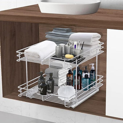FULGENTE Chrome Finish Pull Out Drawer Cabinet Organizer 2 Tier (17" W * 21" D*15.12''H) Professional Sliding Pantry Shelves Under Kitchen Bathroom Sink Wire Drawer Storage Roll Out Shelf Basket