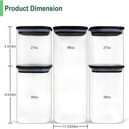 Urban Green Glass Jars with Black Bamboo Lids, food storage sets with airtight black lids, Glass Canisters Sets, Kitchen Organizing Jars (5 Sets of 27oz, 38oz, 66oz)