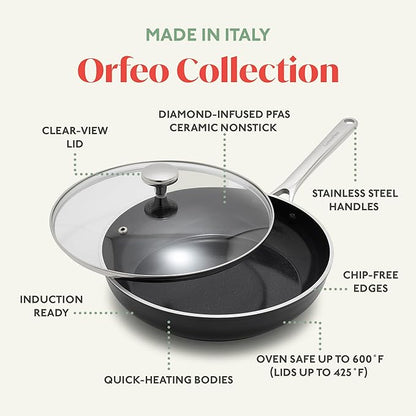 Orfeo 10 Piece Nonstick Cookware Set, Made in Italy, Diamond Ceramic PFAS-Free Pots & Pans, Induction Ready, Scratch Resistant, Laser-Fused Surface for Durability, Dishwasher Safe, Black