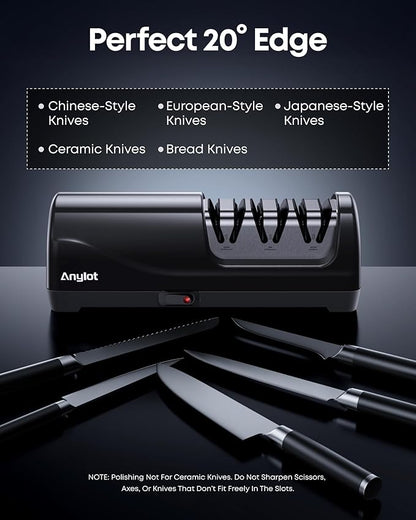 Electric Knife Sharpener for Kitchen Knives, 3-Stage Professional Knife Sharpening System with 100% Diamond Abrasives, 20° Precision Knife Sharpening Angle Guide, afilador de cuchillos electrico