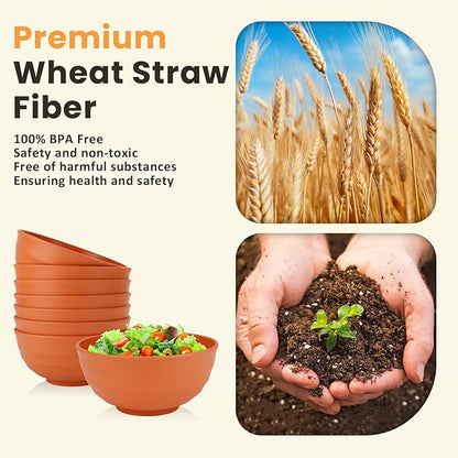 Homienly Large Bowl Set of 8, 60 oz Orange Wheat Straw Bowls, Unbreakable & Microwave Safe, Big Soup and Salad Bowls for Wedding, Party, Camping, Family Dining