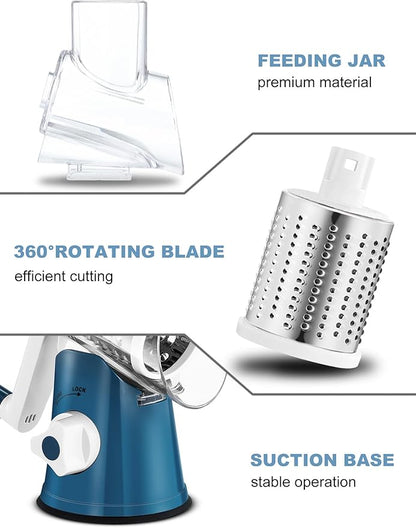 Cheese Grater Rotary, Rotary Grater for Kitchen, Kitchen Grater Vegetable Slicer with 3 Drum Blades, Fast Cutting Cheese Shredder for Vegetables and Nuts