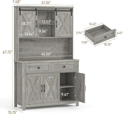 67.7 Inch Farmhouse Pantry Storage Cabinet with Sliding Barn Doors, 2 Drawer Farmhouse Coffee Cabinet with Adjustable Shelf, Side Board with Buffet Cupboard Livingroom Kitchen, Grey