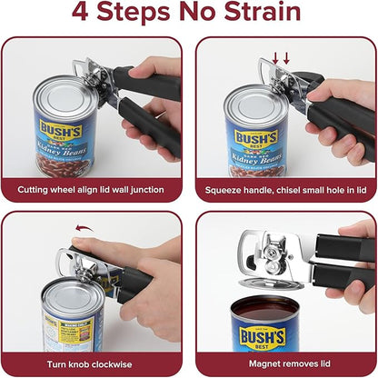 Can Opener Manual 2-in-1 with Magnet, Hand Held Can Openers with Stainless Steel Sharp Blade (Smooth Cut), Large Effortless Turn Knob, Non-Slip Soft Rubber Handle, Built-Bottle Openers, Black
