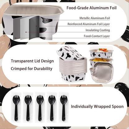 FORBFAN 150 Pcs Mini Square Baking Cups with Lids, 8 oz Mini Aluminum Cake Pans, Small Baking Tins Cow Print