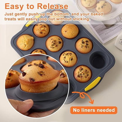 Silicone Muffin Pan for Baking with Metal Reinforced Frame，Foldable Cupcake Pan 12 Cups for Baking Homemade Muffins,Nonstick Cupcake Baking Pan Molds for Oven Dishwasher Safe With Brush and scraper