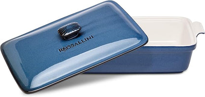 Stoneware Casserole Dish Bakeware Set with Lid, Covered Rectangular Dinnerware, Large 3.2 Quart, 11 by 9 Inch, Blu Indaco [Reactive Blue]