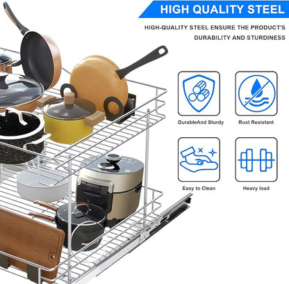 FULGENTE Chrome Finish Pull Out Drawer Cabinet Organizer 20" Wx18 Dx15.12''H 2 Tier Heavy Duty Slide Out Kitchen Storage Shelves Wire Frame Under Shelf Sliding Drawers for Inside Cupboard
