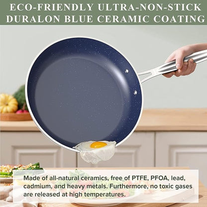 Nuwave 9pc Cookware Set Healthy Duralon Blue Ceramic Nonstick Coated, Diamond Infused Scratch-Resistant, PFAS Free, Oven Safe, Induction Ready & Evenly Heats, Tempered Glass Lids & Stay-Cool Handle