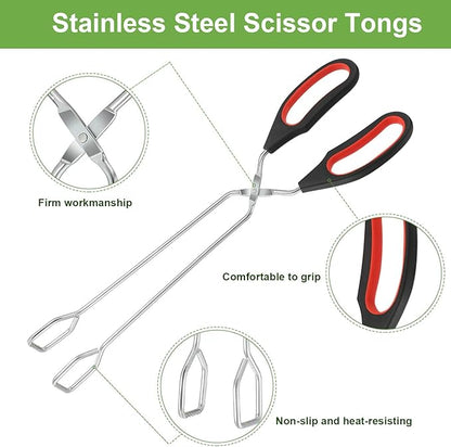 Boao 3 Pack Stainless Steel Scissor Metal Tongs Kitchen Wire Tongs for Cooking 9-inch 11-inch and 12-inch Heat Resistant Small Scissor for BBQ Grilling Tool for Hot Food with Silicone Handle