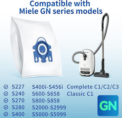 16 Pack 3D Dust Bags, Compatible with Miele GN Vacuum Bags, Replacement for Miele Classic C1 Complete C1, C2, C3, S400i S600 S2 S5 S8 Series, with 4 MP Filters, 4 AC Filters