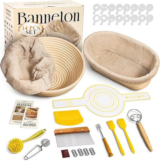 Sourdough Starter Kit, 9" Round & 10" Oval Banneton Bread Proofing Baskets Set, Sourdough Bread Baking Supplies Making Tools with Dough Scraper, Whisk, Bread Lame, Silicone Sling, Recipe