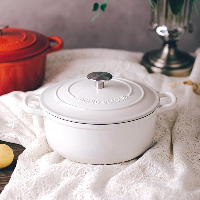 Dutch Ovens Enameled Cast Iron Covered 5.5 Quart Dutch Oven with Dual Handle for Bread Baking, White