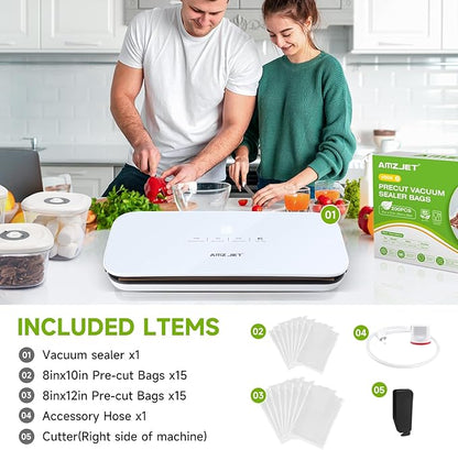 Vacuum Sealer for Food - Tempered Glass Panel, LED Touch Control, Digital Display, Pulse/Moist/Dry/Seal/External Suction Modes, Includes 30 Vacuum Bags & Built-in Cutter(White)
