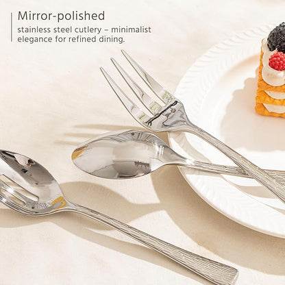 KINGSTONE Hammered 10-Piece Serving Utensil Set, 18/10 Stainless Steel Flatware for Catering, Party Include Spoons, Slotted Spoon, Fork, Butter Knife - Mirror Finish & Dishwasher Safe