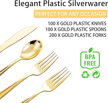 NOCCUR 400PCS Gold Plastic Silverware - Gold Plastic Cutlery Include 200 Forks, 100 Spoons, 100 Knives, Disposable Silverware Perfect for Party&Daily Using