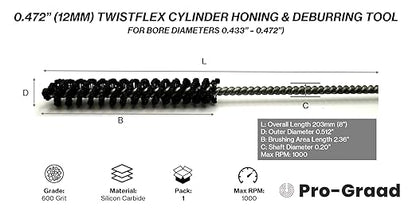 TwistFlex 0.472” (12mm) 600SC Cylinder Hone | Flexible Cylinder Honing & Deburring Tool | Bore Brush for Hole Diameters 0.433” – 0.472” | Silicon Carbide 600 Grit | 0.20" Shank | 8" Length