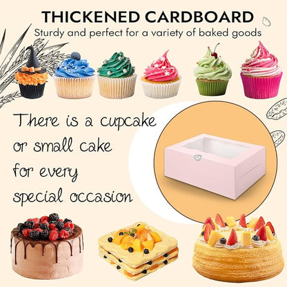 JCD 8 Packs Pink Bento Cake and Cupcake Box 1+8 Bento Box with Clear Window for 4-inch Cake and 8 Cupcakes Packaging Gift Baked Goods for Family Dinner Birthday Party Picnic Gift (Pink 1+8/8Pcs)