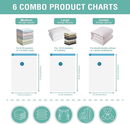 6 Pack Vacuum Storage Bags, Space Saver Bags (2 Jumbo/2 Large/2 Medium) Compression Storage Bags for Comforters and Blankets, Vacuum Sealer Bags for Clothes Storage, Hand Pump Included
