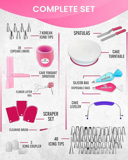 RFAQK 200PCs Cake Decorating Kit with Cake Turntable & Leveler, Baking Supplies Gift Includes 110+1 Piping Bags,55 Icing Tips,2 Frosting Spatulas, Adjustable Scraper, Video Tutorial, Booklet & more