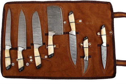 G26- Professional Kitchen Knives Custom Made Damascus Steel 7 pcs of Professional Utility Chef Kitchen Knife Set with Chopper/Cleaver White & Black