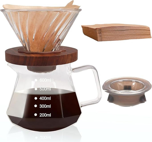 Pour Over Coffee Maker 600ml Borosilicate Glass Drip Coffeemaker Server Set with 100pcs V60 Cone Paper Filters Walnut Collar Glass Lid Clear Hand Brew Dripper Carafe for Home Camping Travel 20.29oz