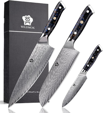 WILDMOK Damascus Kitchen Knife Sets 3 PCS, Japanese Kitchen Knife Set Damascus Steel Core, Ultra-Sharp Professional Chef Knife Set and Full Handle, Gift Box
