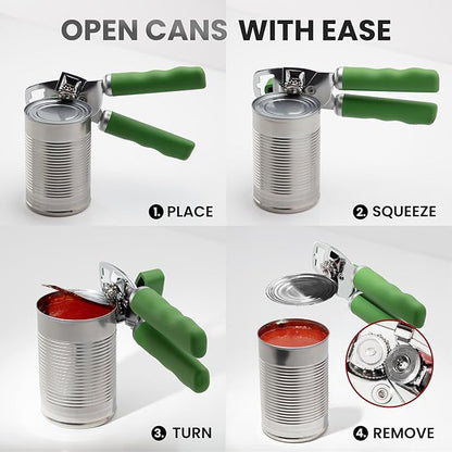 Zulay Kitchen Heavy Duty Stainless Steel Can Opener Manual with Bottle Opener - Rust Proof Manual Can Opener With Turn Knob & Comfy Soft Grip Handles - Artichoke Green