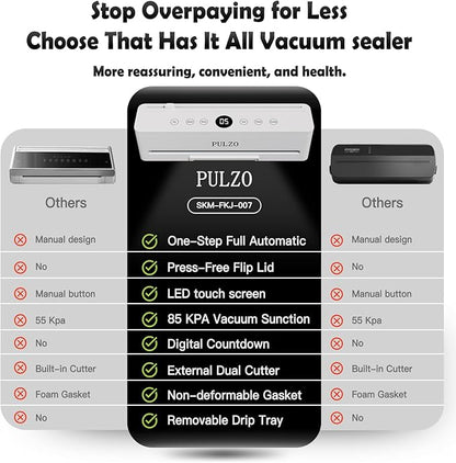 PULZO True-Auto Vacuum Sealer Machine, 85KPa Vacuum Sealer for Food with Digital Countdown, LED Smart Touch, External Sliding Blade, Dry/Moist Mode, Removable Drip tray, Complete Starter Kits