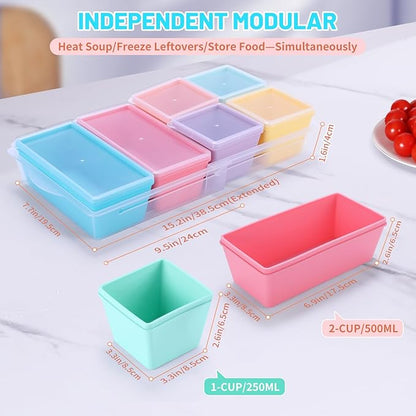 Gemice BPA-Free Silicone Freezer Molds with Base, Individual 6-Pack 1-Cup & 2-Cup Portion Soup Cubes Freezer Tray with Lids for Food Storage, Dishwasher Safe, Silicone Freezer Containers for Meal Prep