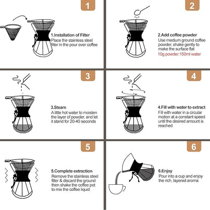 Pour Over Coffee Maker 1000ml with 304 Stainless Steel Filter and Wooden Collar Holder Borosilicate Glass Drip Coffeemaker Server Set Clear Hand Brew Dripper Carafe for Home Camping Travel 33.8oz