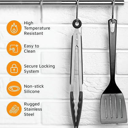 Popco 3-Piece Kitchen Tongs Set – Stainless Steel Heat Resistant Silicone Tips, Strong Comfort Grip, 3 Sizes (7, 9, 12 Inch), Non-Scratch, Dishwasher Safe, for Cooking, BBQ, Salad
