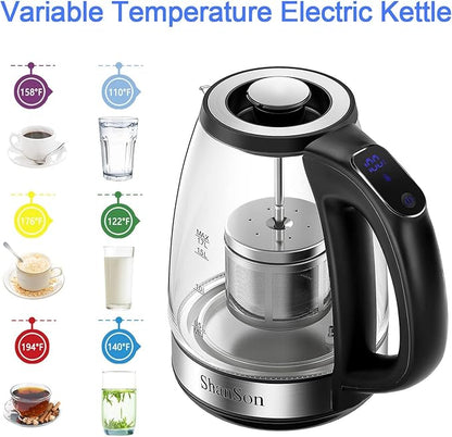 ShanSon Electric Kettle with Tea Infuser 1.7L Temperature Control Glass Electric Tea Kettle 1500W Fast Heating Water Boiler BPA Free Electric Teapot with 7 Presets Auto-Off & Boil-Dry Protection