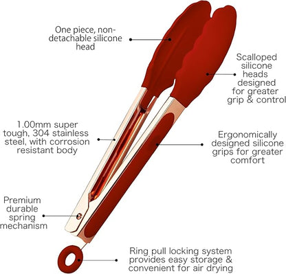 COOK WITH COLOR Stainless Steel Silicone Tipped Kitchen & BBQ Tongs Set, 2 Pc Tongs, Red
