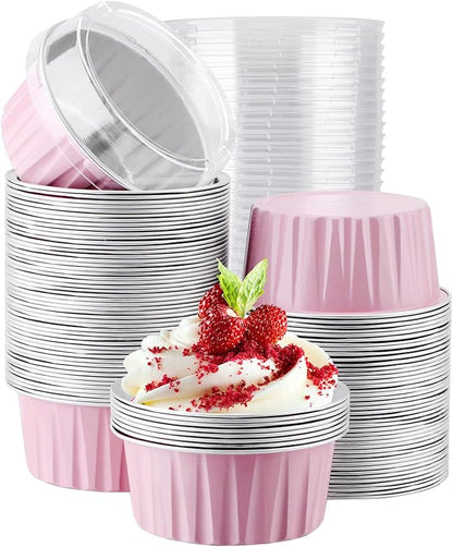 EUSOAR Cupcake Liners, 5oz 100pcs Aluminum Foil Cupcake Liners, Muffin Liners Cups with Lids, Disposable Aluminum Foil Cupcake Baking Cups Holders Cases Boxes Pans with Lids