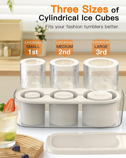 Ice Cube Tray for Tumbler Cup 30Oz-40Oz, 3 Pcs Silicone Cylinder Ice Mold with Lid and Bin for Freezer, Easy Fill and Release Ice Maker for Whiskey, Cocktail BPA-Free (White, 40Oz)