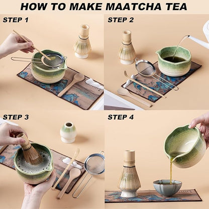 Matcha Set 7-Piece Tea Set with Brush, Bowl, Whisk, Strainer, Chasen, for Matcha Tea Ceremony （Gradient Green）