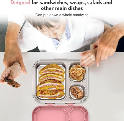 Stainless Steel Bento Box Kids, Leak Proof Metal Bento Lunch Box,3 Compartments 304 Stainless Steel Bento Lunch Containers for School and Office, BPA-Free(Pink)