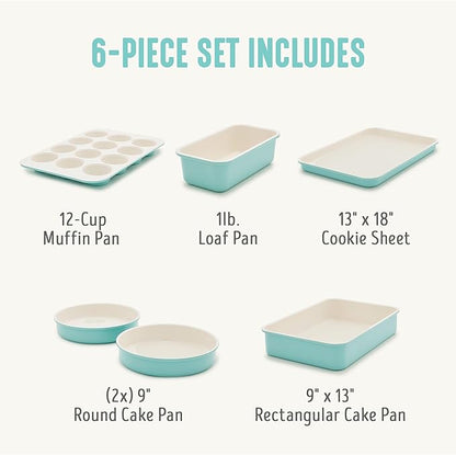 GreenLife 6 Piece Nonstick Bakeware Set, Non-Toxic PFAS-Free Ceramic Oven Pans, Dishwasher & Oven Safe to 450°F, Easy Release Baking Sheet, Loaf Pan, Rectangle & Round Cake, Muffin Pan, Turquoise