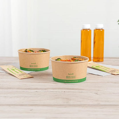 Restaurantware Compostable Paper Food Containers 200 Pack Of 34 oz BPI-Certified Round Kraft Salad Bowls Disposable Grease-Resistant Meal Prep Take Out Containers For Ice Creams, Soups, Snacks