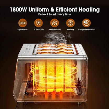 Digital Smart Toaster 4 Slice, Dual Touchscreen with Independent Control | Wide Slot for Bagel, Bread and More | 1800W, 6 Browning Levels, Defrost, Reheat, Single-Slice Function | Stainless Steel
